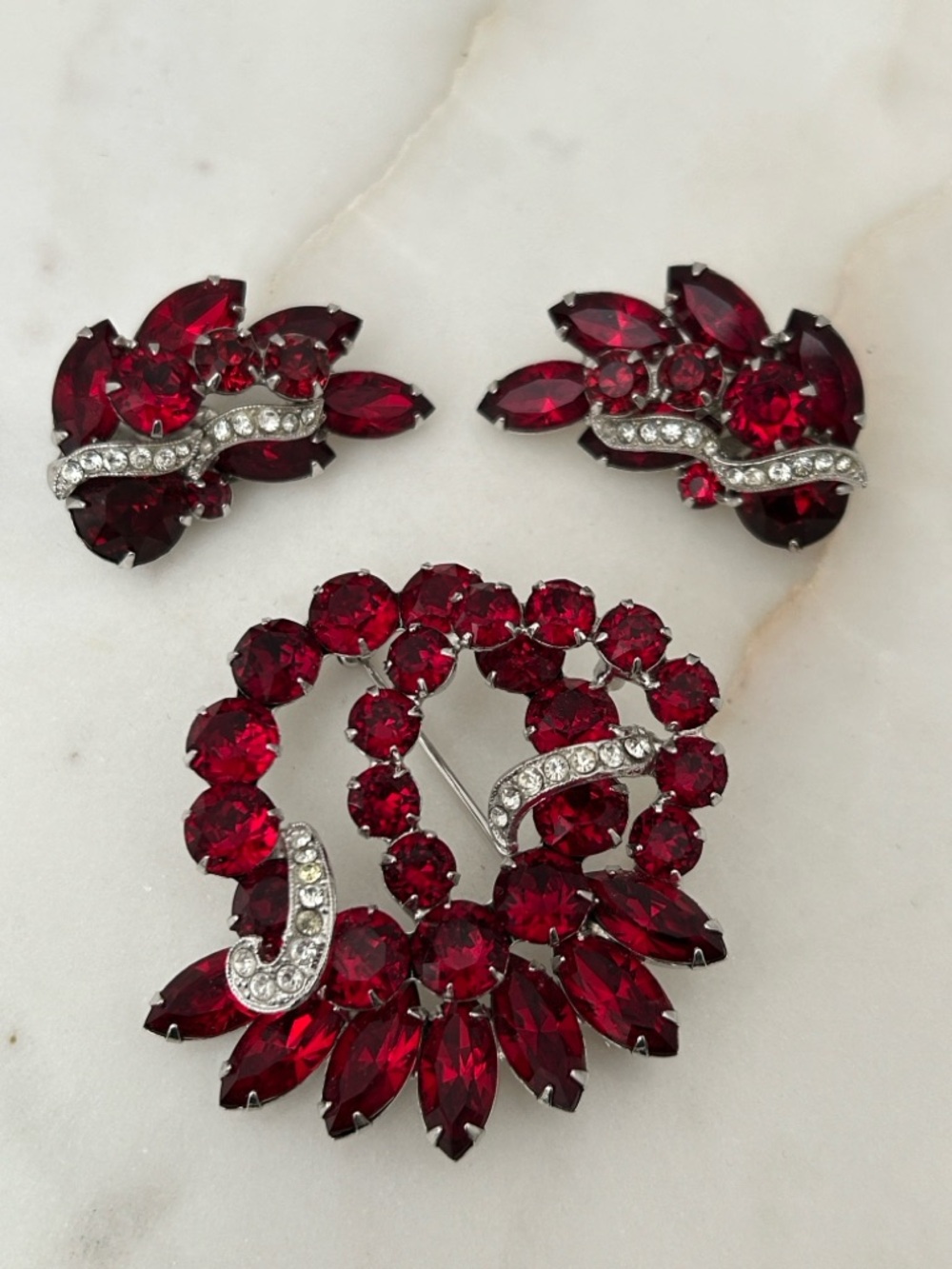 Fabulous “EISENBERG” Red Crystal Abstract Brooch and Matching Clip-on Earrings